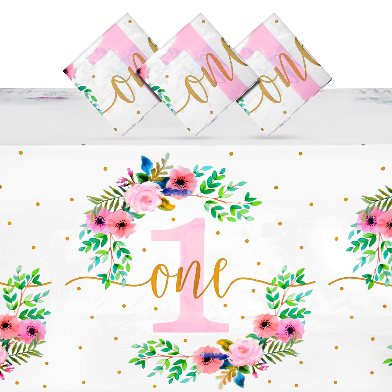 3 Pack Floral Plastic Tablecloth for Baby Girl's 1st Birthday Party Supplies (54 x 108 In)